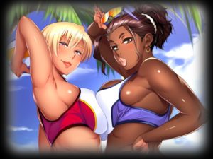 Une blonde et une black sur la plage en brassière avec des gros seins hentai