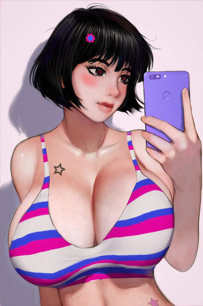 Une fille aux gros seins dans un haut pleins de couleur facon année 70 rockabilly, hentai, prend un selfie.
