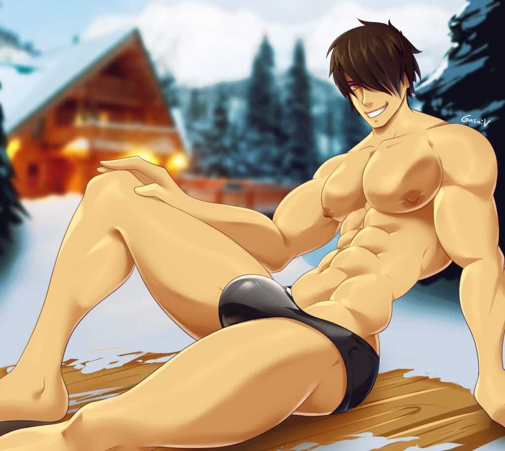 Homme à la montagne pose en maillot de bain très serré sexy yaoi bara