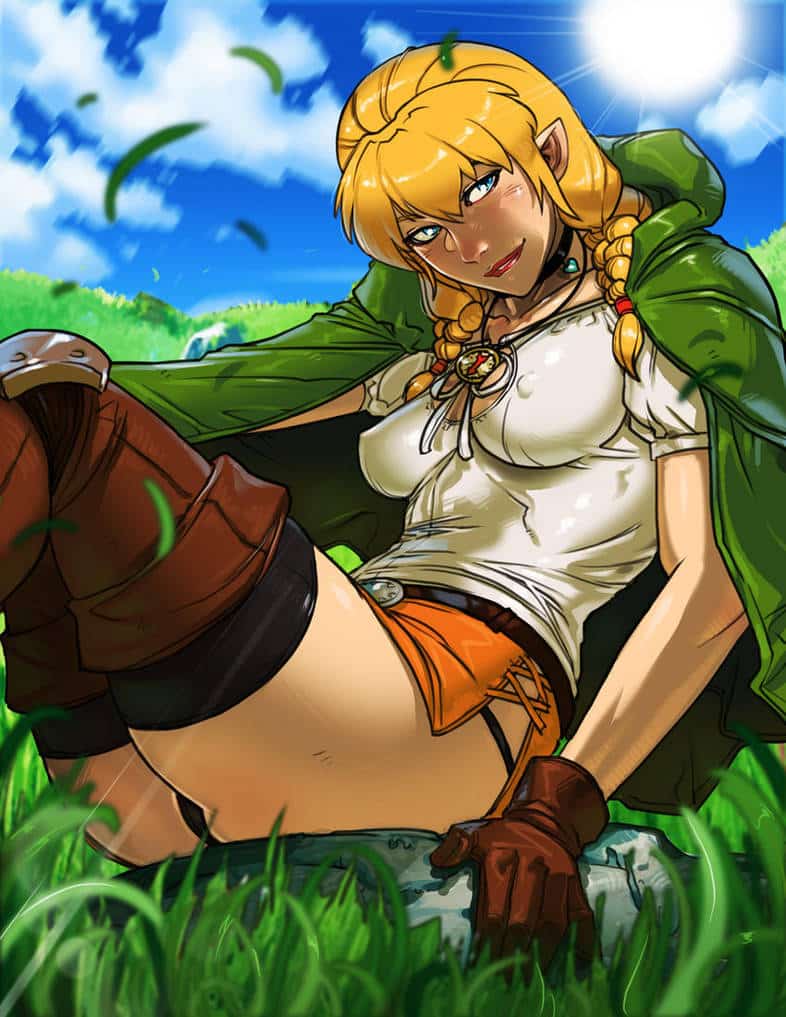 Link en mode fille sexy allongée dans l'herbe ecchi