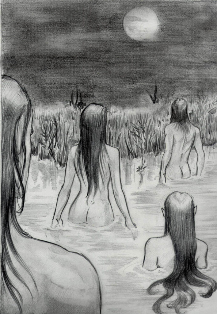 Groupe de femmes nues, de dos dans un lac ecchi hentai bd