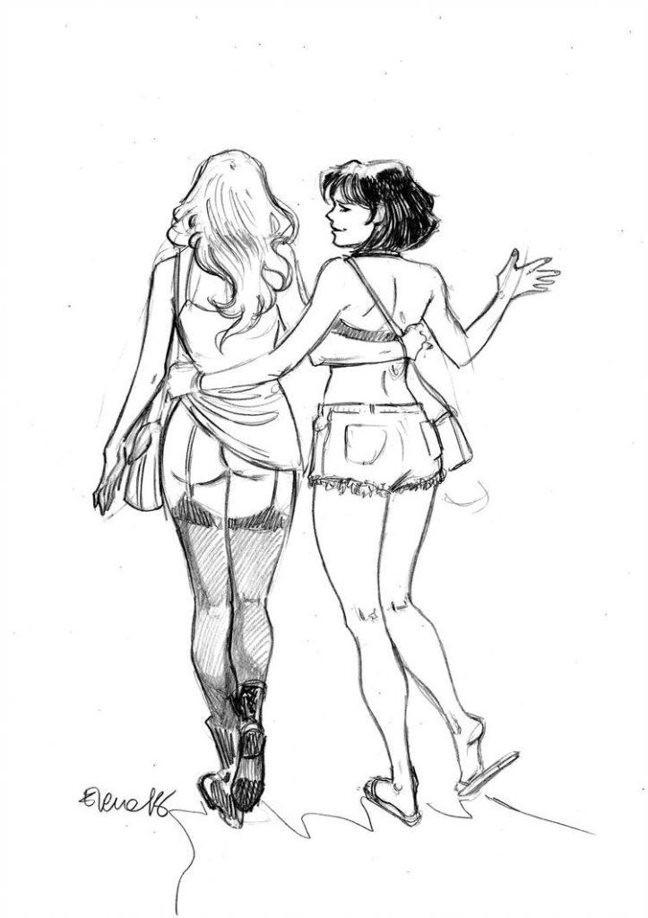 Deux filles se promenent, une soulève la jupe de l'autre pour montrer subtilement une fesse hentai ecchi bd noir et blanc