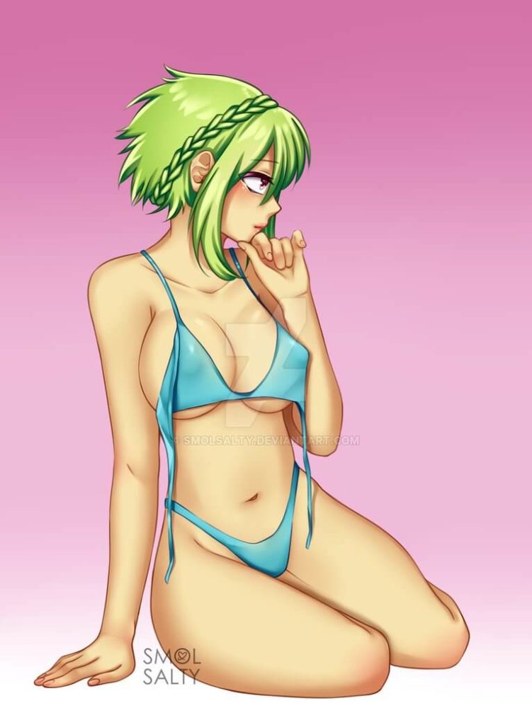 Opaline fille cheveux verts courts et bikini bleu sexy ecchi