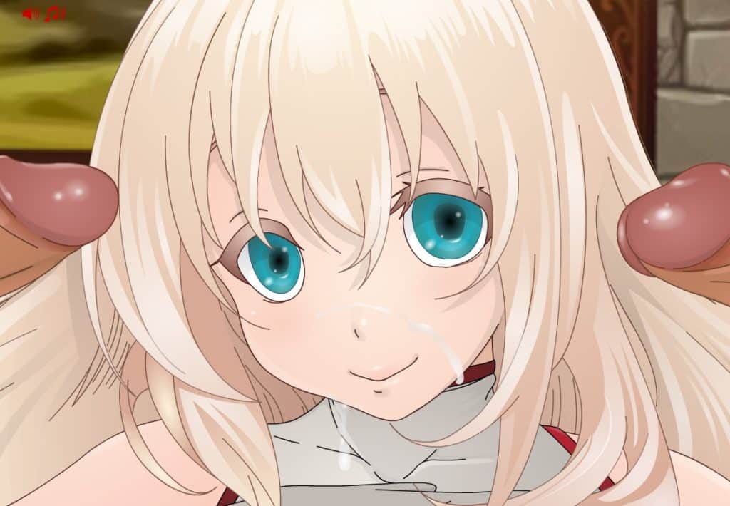 Une blonde aux yeux bleus avec du sperme sur le visage qui coule, un gland de chaque cotés jeu flash hentai