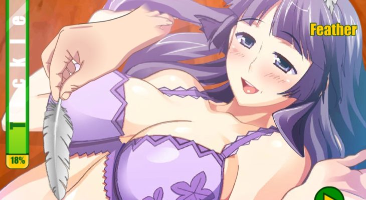 Fille cheveux violets qui se fait chatouiller les seins avec une plume jeu hentai